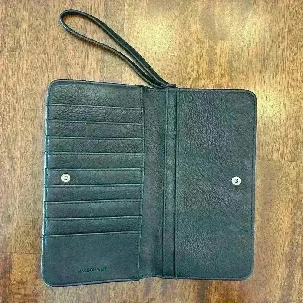 Madison West Wristlet Wallet Black Woven Faux Leather Clutch